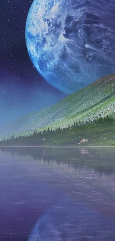 Serene landscape with vibrant planet over a reflective lake.