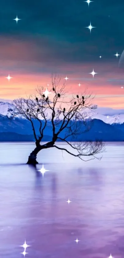 Serene tree under starry sky with cosmic backdrop.