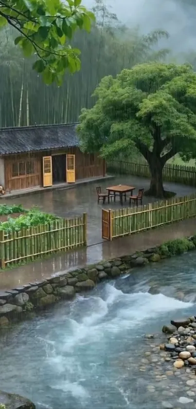 Cottage by a serene stream with green surroundings.