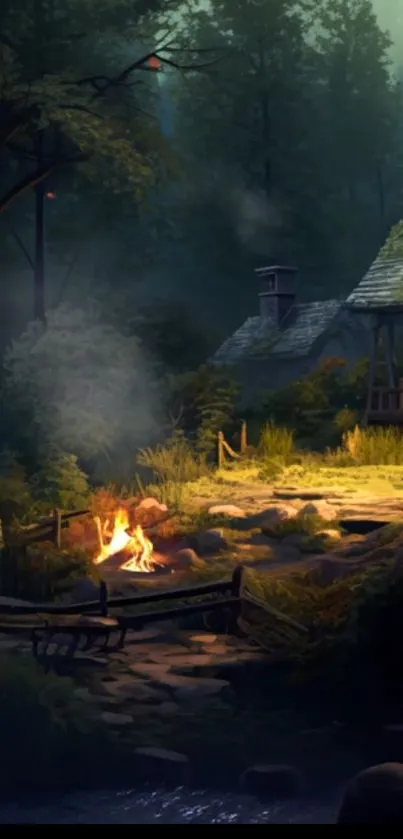 Serene forest cottage with campfire glow.