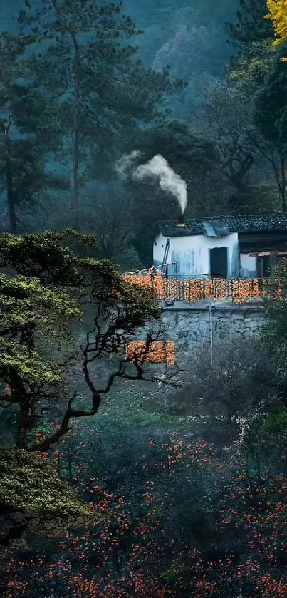 Cottage nestled in a misty forest landscape, exuding tranquility.