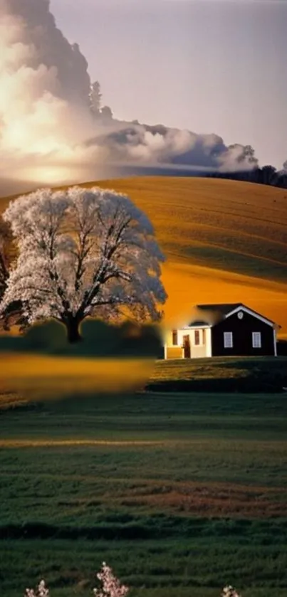 Golden countryside with a tree and house under a cloudy sky.