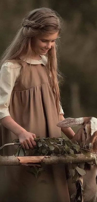 Young girl gently feeding a goat outdoors.