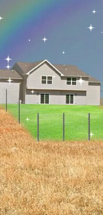 Countryside home under a rainbow in a golden field with a lone tree.