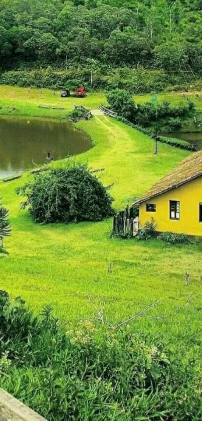 Countryside landscape with yellow house and green fields.