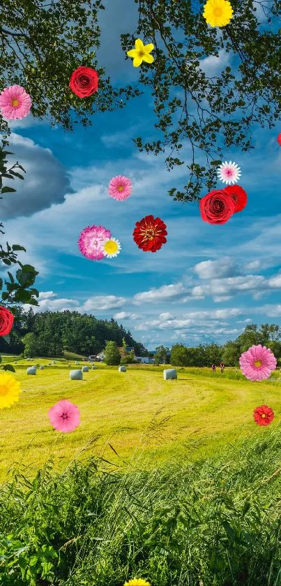 Serene countryside with blue skies and green fields.