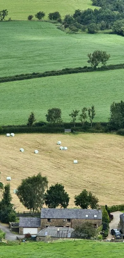 Serene countryside landscape with green fields and farmhouses.