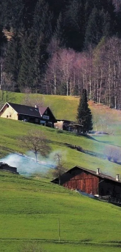 Tranquil countryside landscape with green hills and rustic cabins.