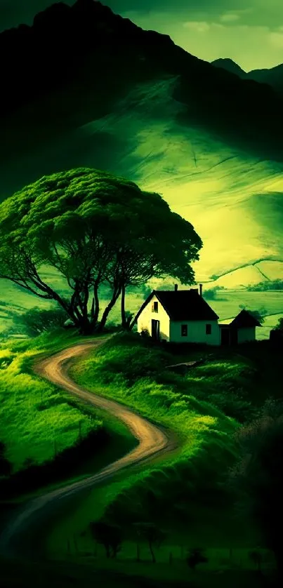 Peaceful countryside with green hills and cottage.