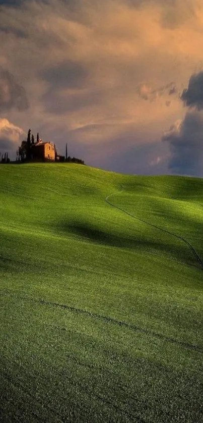 Serene landscape featuring green hills and a sunset sky.