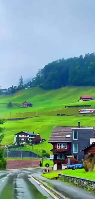 Beautiful countryside wallpaper with green hills and a train.