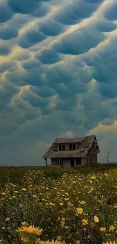 Mammatus clouds over rustic house in flower field.