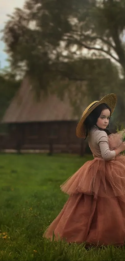 Girl walking in a serene countryside with a hat and vintage dress.