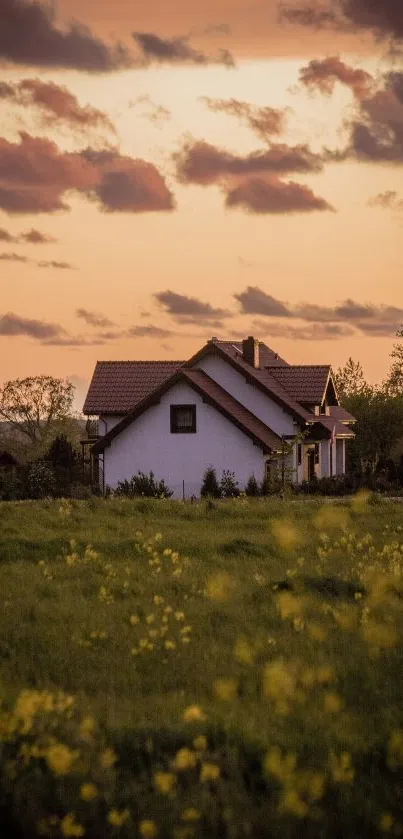 Countryside house with sunset sky and grassy foreground.