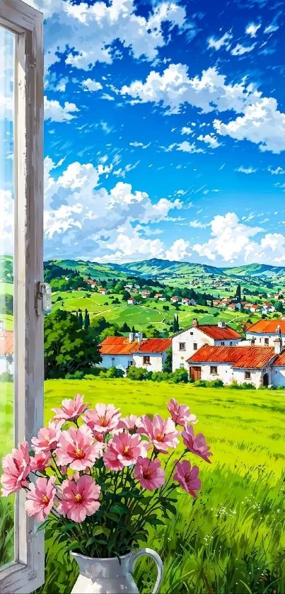 Countryside view from window with flowers in foreground