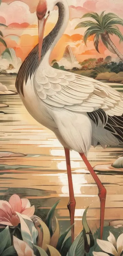 Tropical crane in sunset wallpaper with flowers.