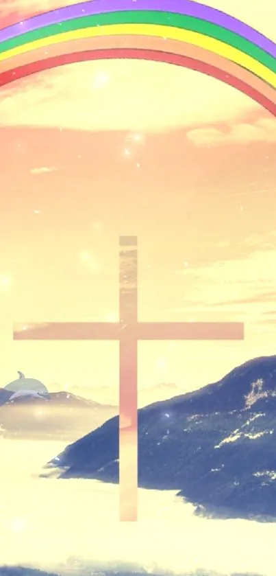 Serene wallpaper with cross and rainbow over mountains and a pastel sky.