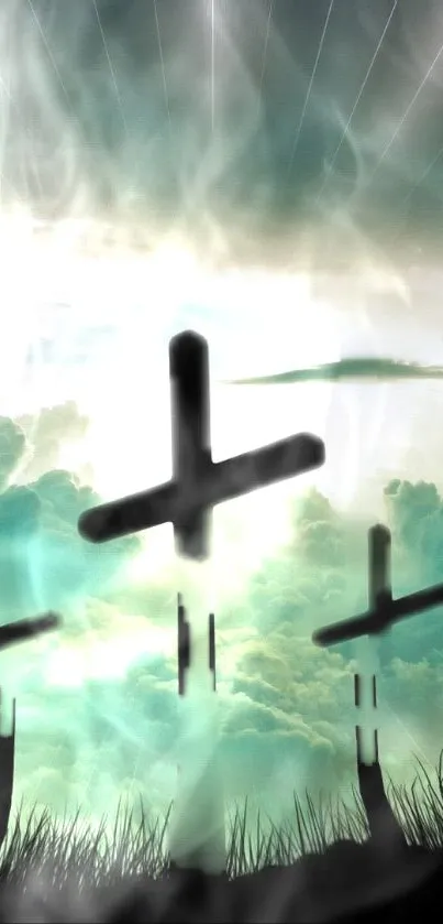 Three crosses against a misty, ethereal sky with green clouds.