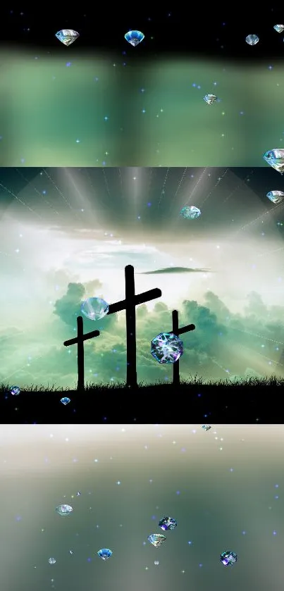 Silhouetted crosses against a serene emerald sky with sparkling gems.