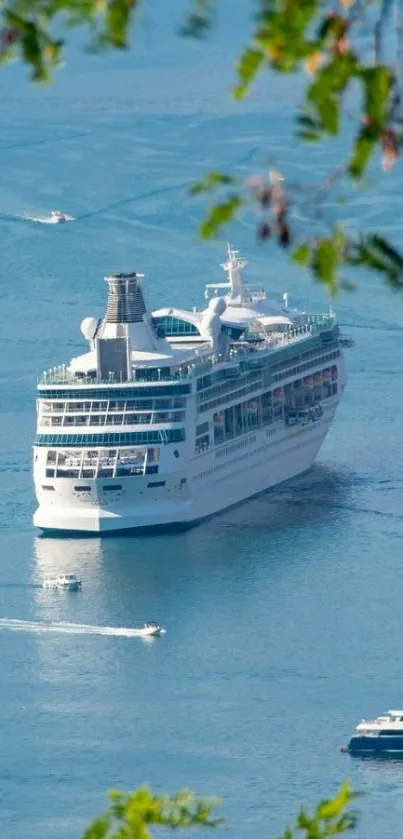 Cruise ship sailing on calm blue waters with lush green surroundings.