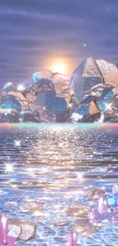 Mobile wallpaper featuring crystals, ocean, and a serene sunset.