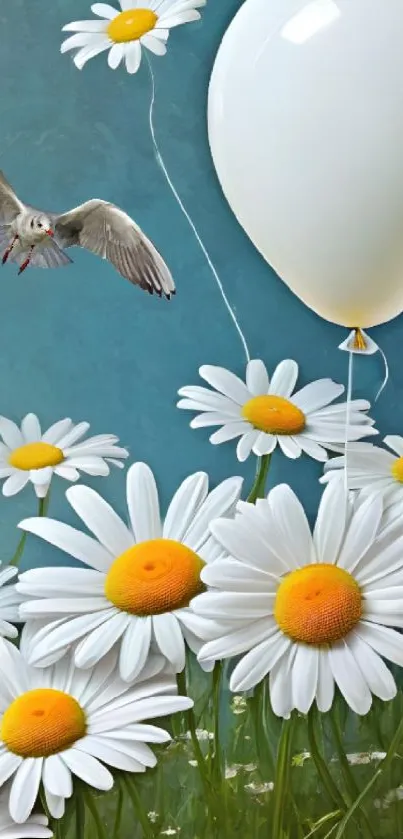 White daisies and balloon against blue sky.