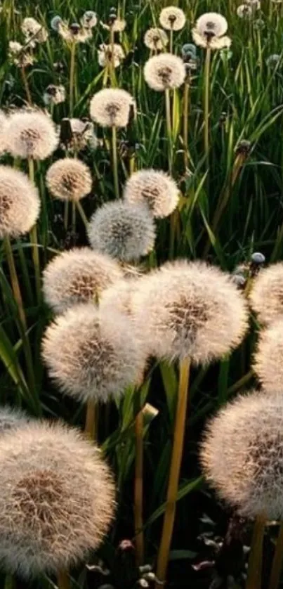 Dandelion field with lush green grass and fluffy white blooms.