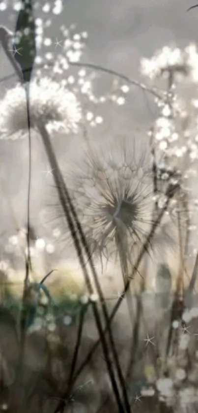 Serene dandelion field with soft light and calming ambiance for mobile wallpaper.