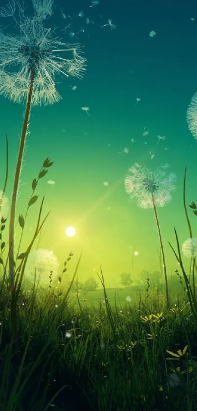 Serene dandelion field with sunlit green landscape wallpaper.