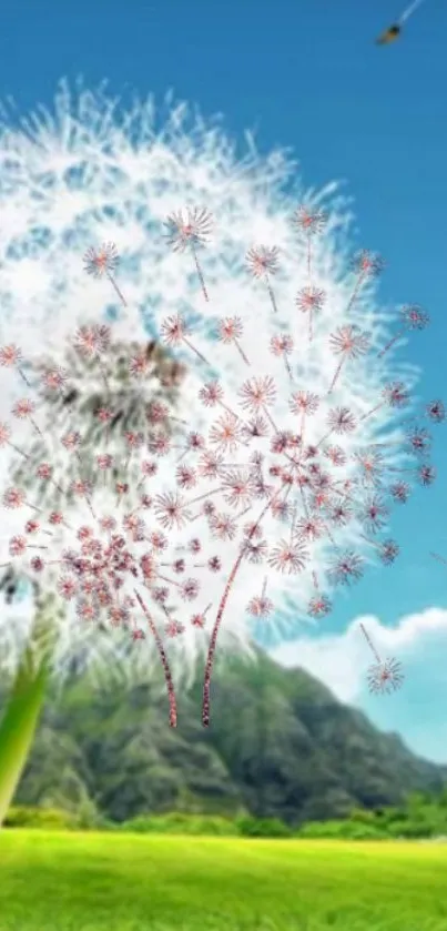 Dandelion in a serene meadow with blue skies.