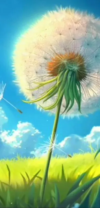 Vibrant dandelion against a blue sky, ideal for mobile wallpaper.