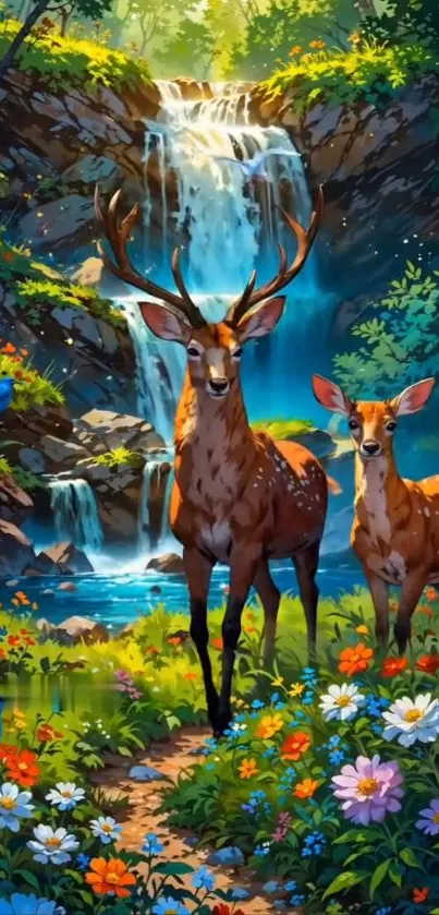Deer standing near waterfall with flowers.