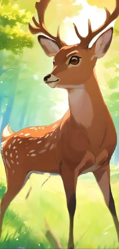 Illustration of a deer standing in a sunlit forest.