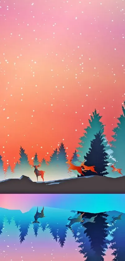 Serene forest landscape with deer and starry sky reflection.