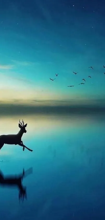 Silhouetted deer with night sky and water reflection wallpaper.