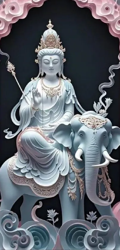 Serene statue of a deity riding an elephant.