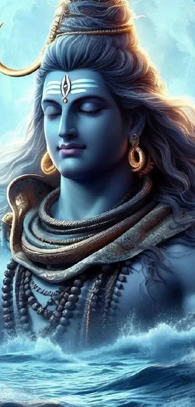 Blue-skinned deity with moonlit background, inspiring tranquility.
