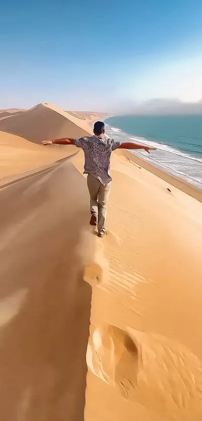 Man running on sandy desert dunes along the coastline.