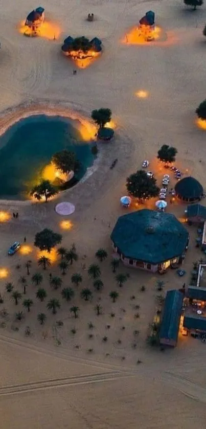 Desert oasis at dusk with enchanting evening lights