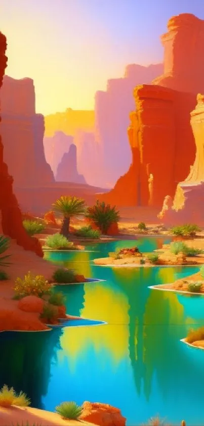 Mobile wallpaper of a serene desert oasis with vibrant colors and towering rock formations.