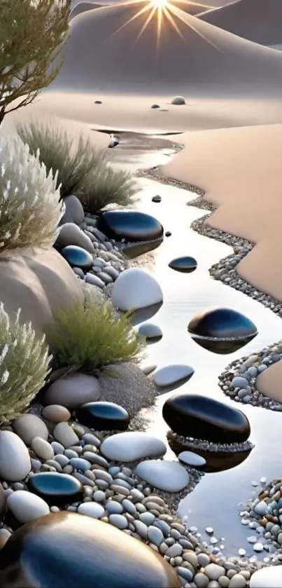 Serene desert oasis with stones and sun.