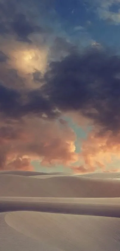 Serene evening sky over desert dunes with colorful clouds.