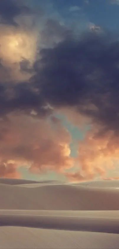 Serene desert landscape with dramatic evening sky and colorful clouds.