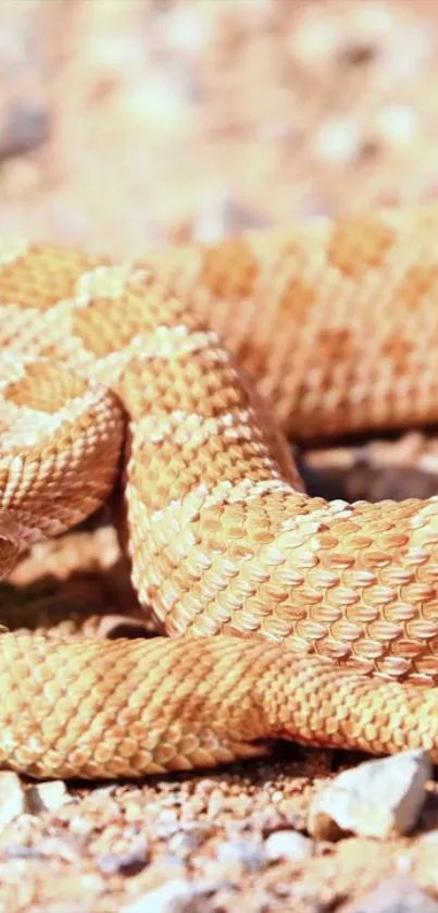 Desert snake coiled on sandy ground with textured scales.