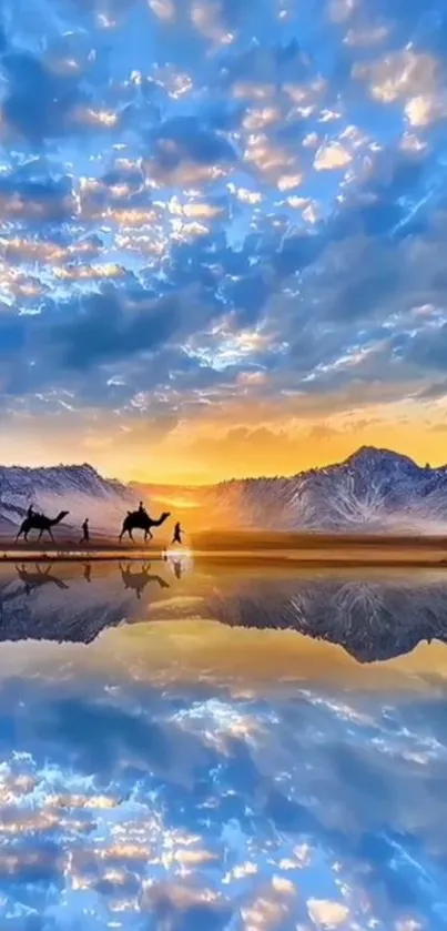 Desert sunset with camels and mountain reflection in vivid colors.