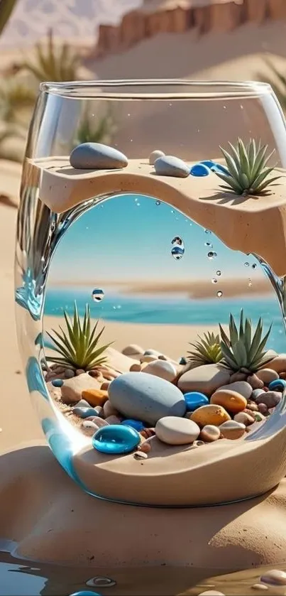 Desert terrarium with stones in glass art.