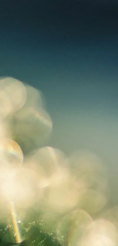 A serene wallpaper with bokeh light effects and dewdrops in blue green tones.