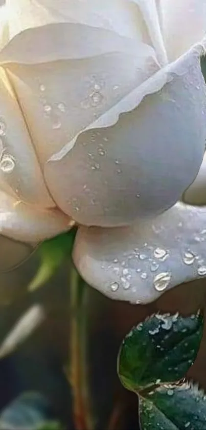 Dew-kissed white rose with green leaves.