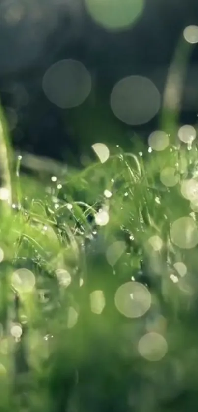 Serene wallpaper of dewy grass in morning light with bokeh effects.