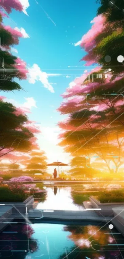 Serene digital garden wallpaper at sunset.